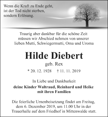 Traueranzeige von Hilde Diebert von Märkischen Allgemeine Zeitung