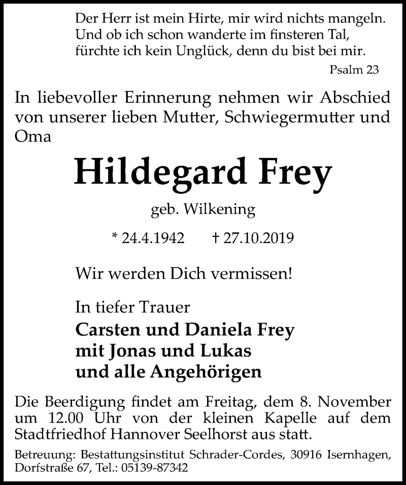  Traueranzeige für Hildegard Frey vom 02.11.2019 aus Hannoversche Allgemeine Zeitung/Neue Presse