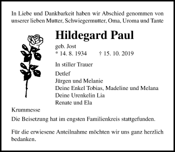 Traueranzeige von Hildegard Paul von Lübecker Nachrichten