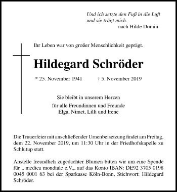 Traueranzeige von Hildegard Schröder von Lübecker Nachrichten