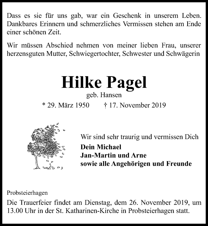  Traueranzeige für Hilke Pagel vom 23.11.2019 aus Kieler Nachrichten