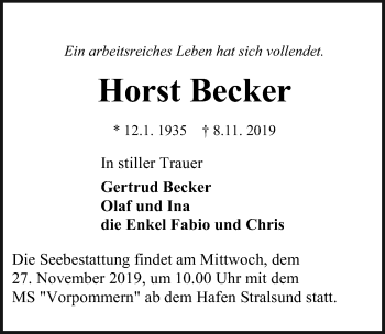 Traueranzeige von Horst Becker von Ostsee-Zeitung GmbH