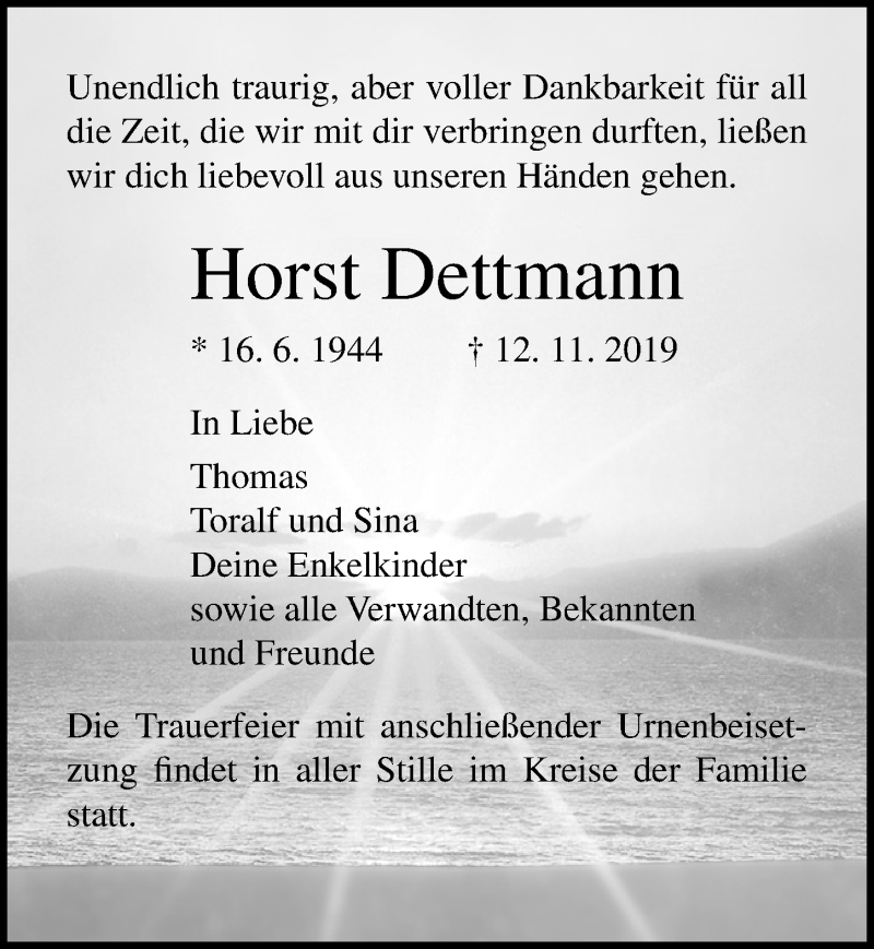  Traueranzeige für Horst Dettmann vom 16.11.2019 aus Ostsee-Zeitung GmbH