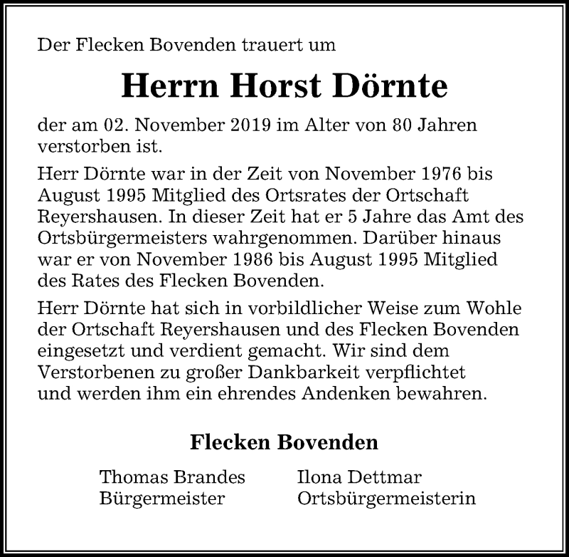  Traueranzeige für Horst Dörnte vom 09.11.2019 aus Göttinger Tageblatt