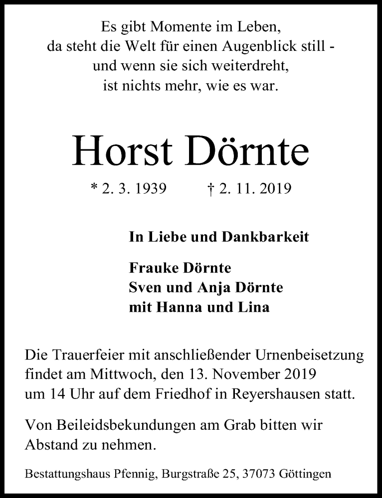  Traueranzeige für Horst Dörnte vom 09.11.2019 aus Göttinger Tageblatt