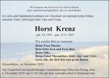 Traueranzeige von Horst Krenz von Ostsee-Zeitung GmbH