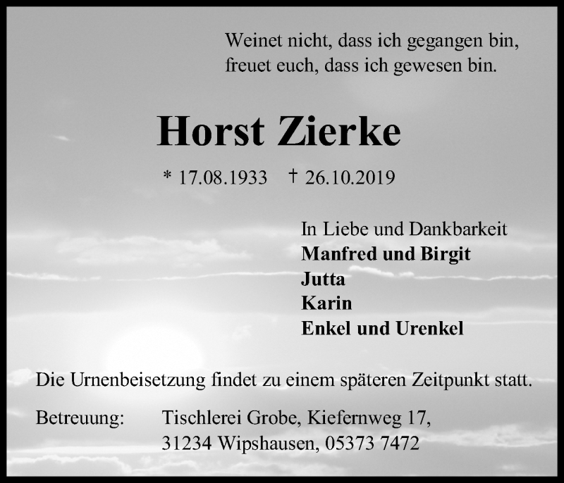  Traueranzeige für Horst Zierke vom 02.11.2019 aus Peiner Allgemeine Zeitung