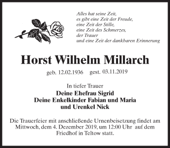 Traueranzeige von Horst Wilhelm Millarch von Märkischen Allgemeine Zeitung