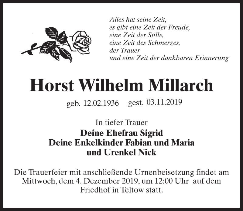  Traueranzeige für Horst Wilhelm Millarch vom 23.11.2019 aus Märkischen Allgemeine Zeitung