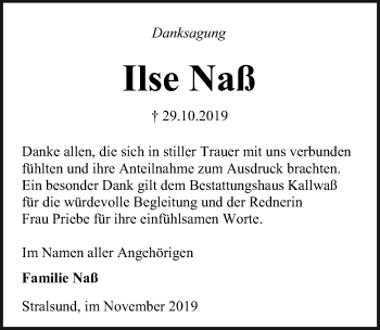 Traueranzeige von Ilse Naß von Ostsee-Zeitung GmbH