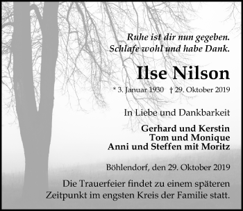 Traueranzeige von Ilse Nilson von Ostsee-Zeitung GmbH