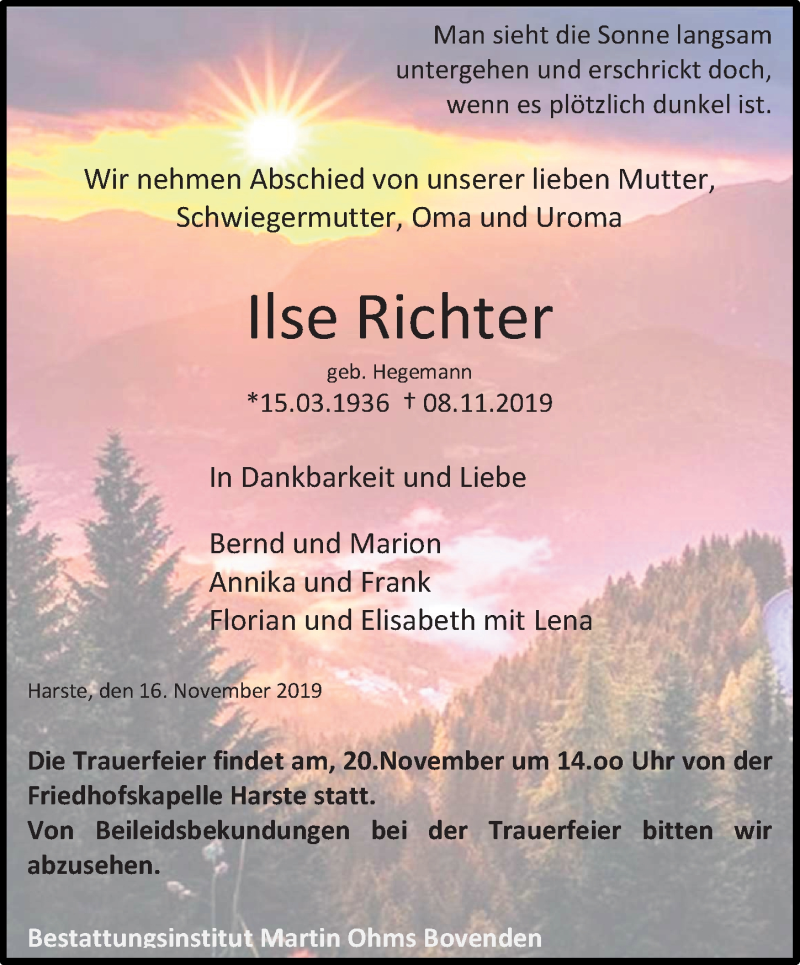  Traueranzeige für Ilse Richter vom 16.11.2019 aus Göttinger Tageblatt
