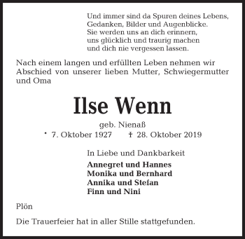 Traueranzeige von Ilse Wenn von Kieler Nachrichten