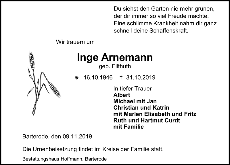  Traueranzeige für Inge Arnemann vom 09.11.2019 aus Göttinger Tageblatt