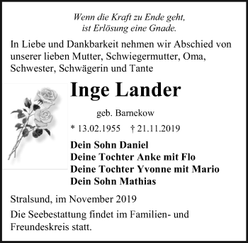 Traueranzeige von Inge Lander von Ostsee-Zeitung GmbH