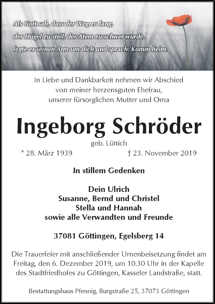  Traueranzeige für Ingeborg Schröder vom 30.11.2019 aus Göttinger Tageblatt