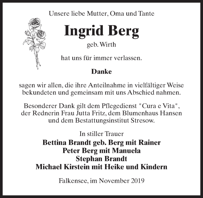  Traueranzeige für Ingrid Berg vom 09.11.2019 aus Märkischen Allgemeine Zeitung