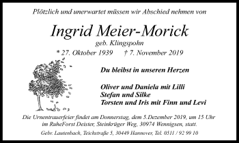 Traueranzeige von Ingrid Meier-Morick von Hannoversche Allgemeine Zeitung/Neue Presse