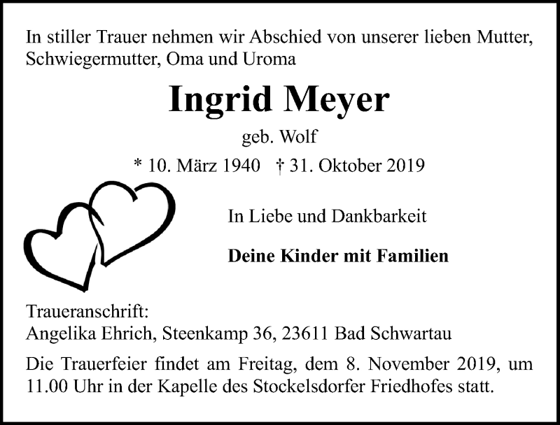  Traueranzeige für Ingrid Meyer vom 06.11.2019 aus Lübecker Nachrichten