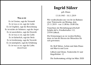 Traueranzeige von Ingrid Sülzer von Lübecker Nachrichten