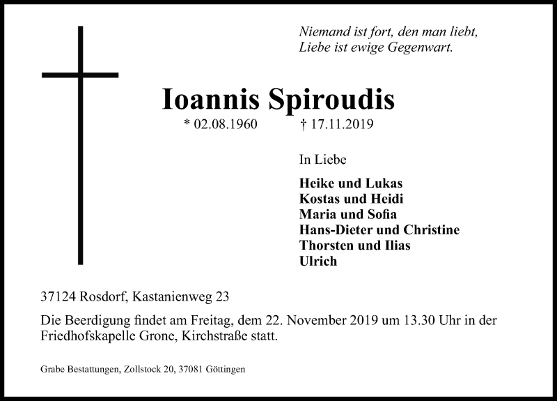  Traueranzeige für Ioannis Spiroudis vom 19.11.2019 aus Göttinger Tageblatt