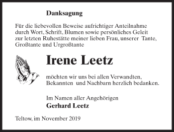 Traueranzeige von Irene Leetz von Märkischen Allgemeine Zeitung