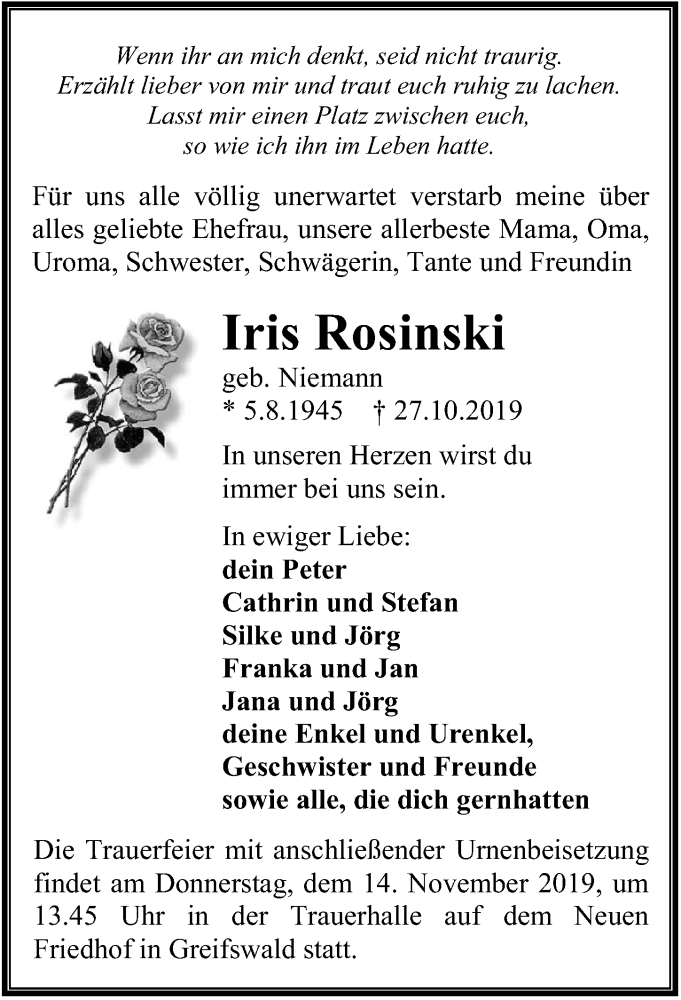  Traueranzeige für Iris Rosinski vom 02.11.2019 aus Ostsee-Zeitung GmbH