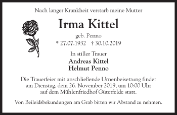 Traueranzeige von Irma Kittel von Märkischen Allgemeine Zeitung
