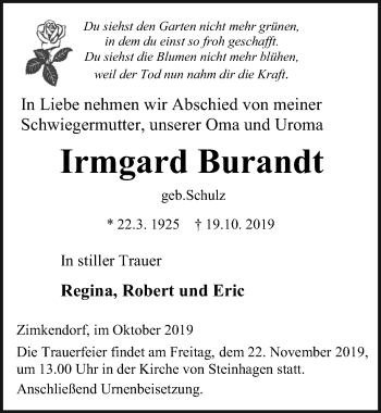 Traueranzeige von Irmgard Burandt von Ostsee-Zeitung GmbH