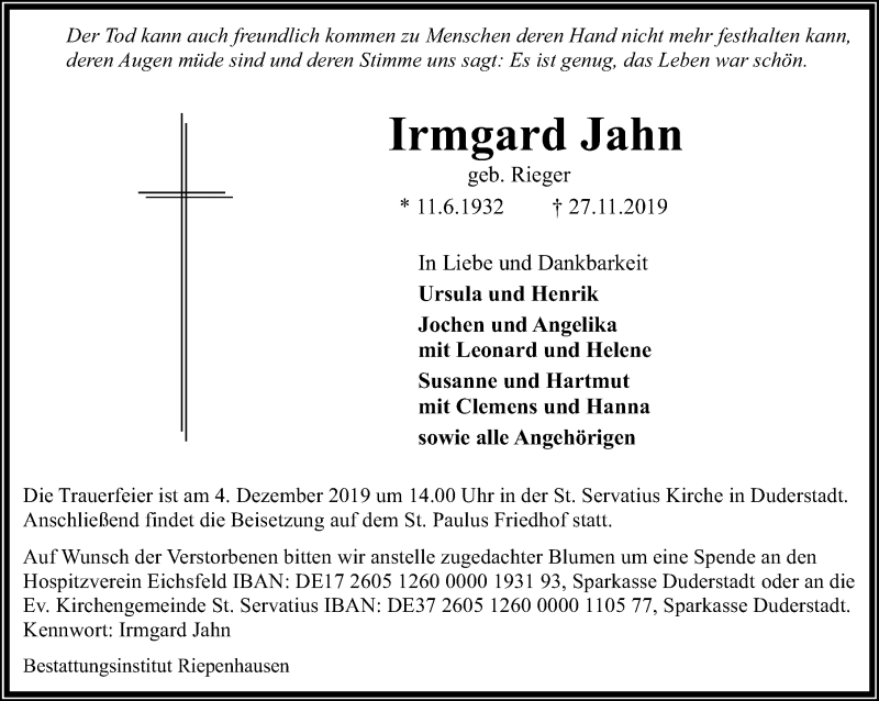  Traueranzeige für Irmgard Jahn vom 30.11.2019 aus Eichsfelder Tageblatt