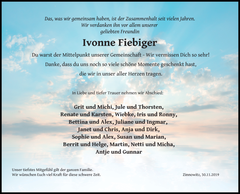  Traueranzeige für Ivonne Fiebiger vom 30.11.2019 aus Ostsee-Zeitung GmbH