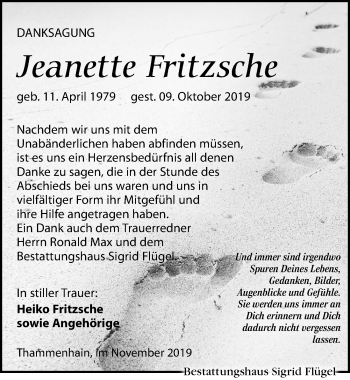 Traueranzeige von Jeanette Fritzsche von Leipziger Volkszeitung