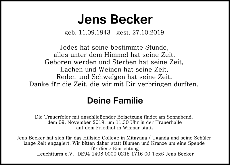  Traueranzeige für Jens Becker vom 06.11.2019 aus Ostsee-Zeitung GmbH