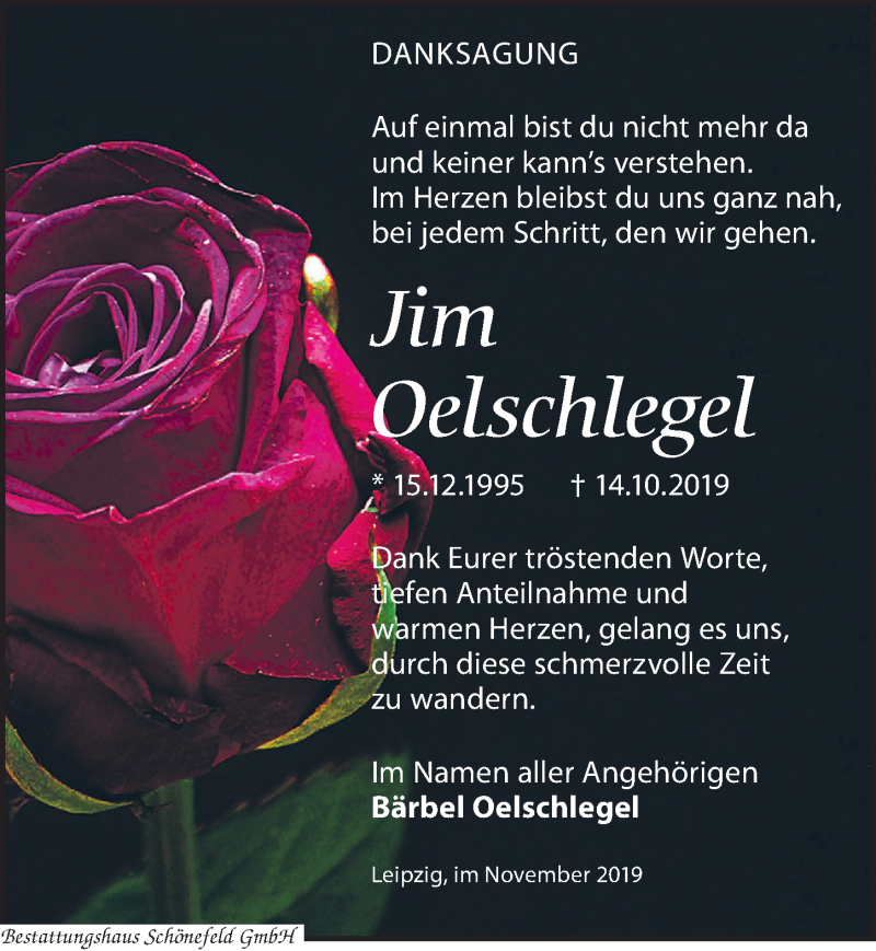  Traueranzeige für Jim Oelschlegel vom 16.11.2019 aus Leipziger Volkszeitung