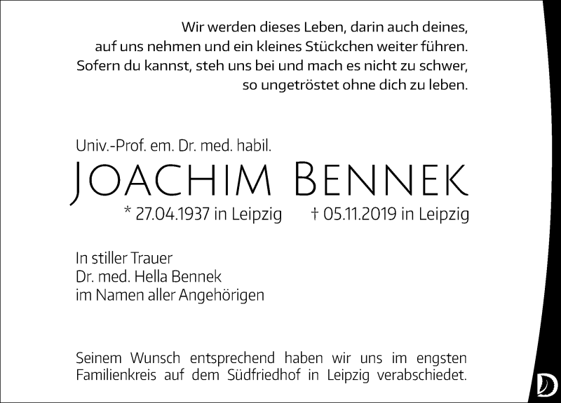  Traueranzeige für Joachim Bennek vom 30.11.2019 aus Leipziger Volkszeitung