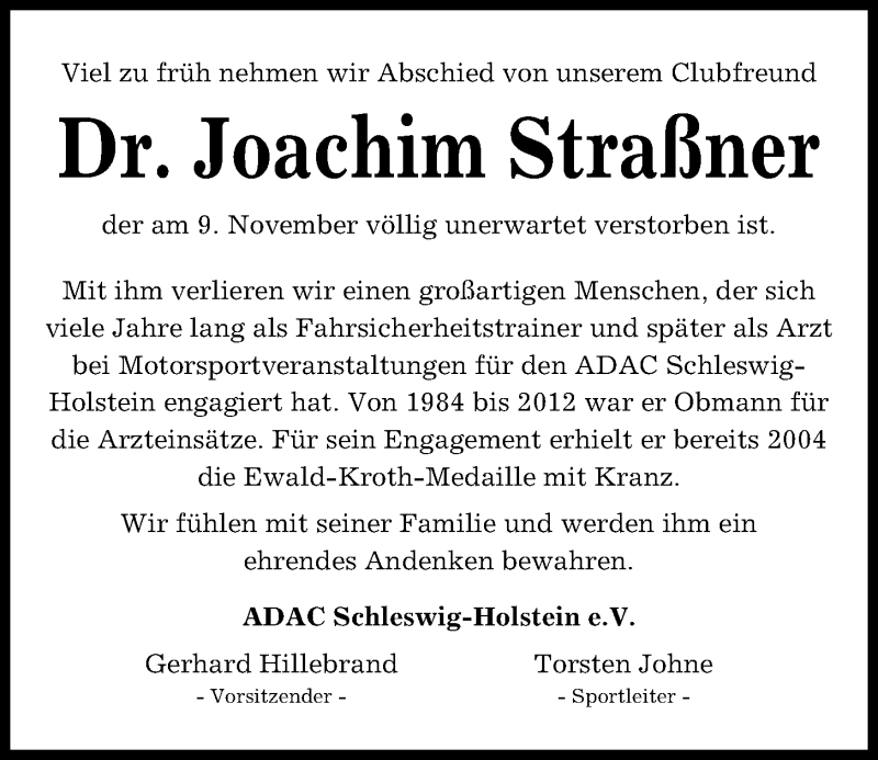  Traueranzeige für Joachim Straßner vom 16.11.2019 aus Kieler Nachrichten