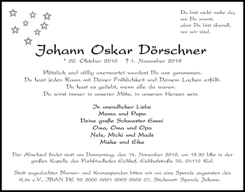 Traueranzeige von Johann Oskar Dörschner von Kieler Nachrichten