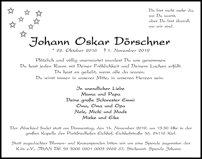 Traueranzeige für Johann Oskar Dörschner vom 12.11.2019 aus Kieler Nachrichten