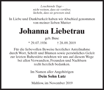 Traueranzeige von Johanna Liebetrau von Märkischen Allgemeine Zeitung