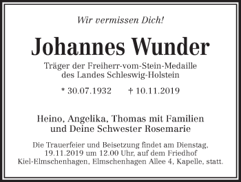 Traueranzeige von Johannes Wunder von Kieler Nachrichten