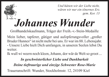 Traueranzeige von Johannes Wunder von Kieler Nachrichten