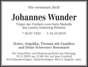 Traueranzeige von Johannes Wunder von Kieler Nachrichten