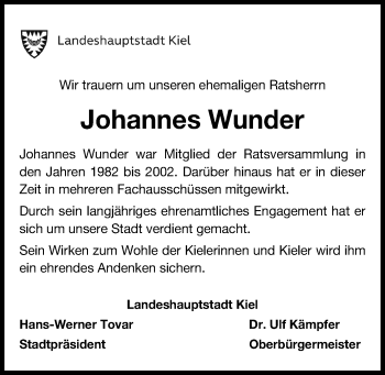 Traueranzeige von Johannes Wunder von Kieler Nachrichten