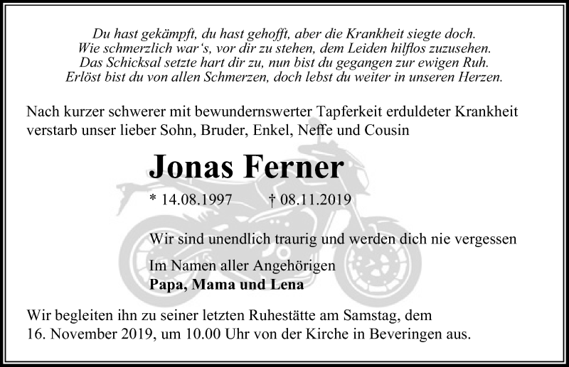  Traueranzeige für Jonas Ferner vom 13.11.2019 aus Märkischen Allgemeine Zeitung