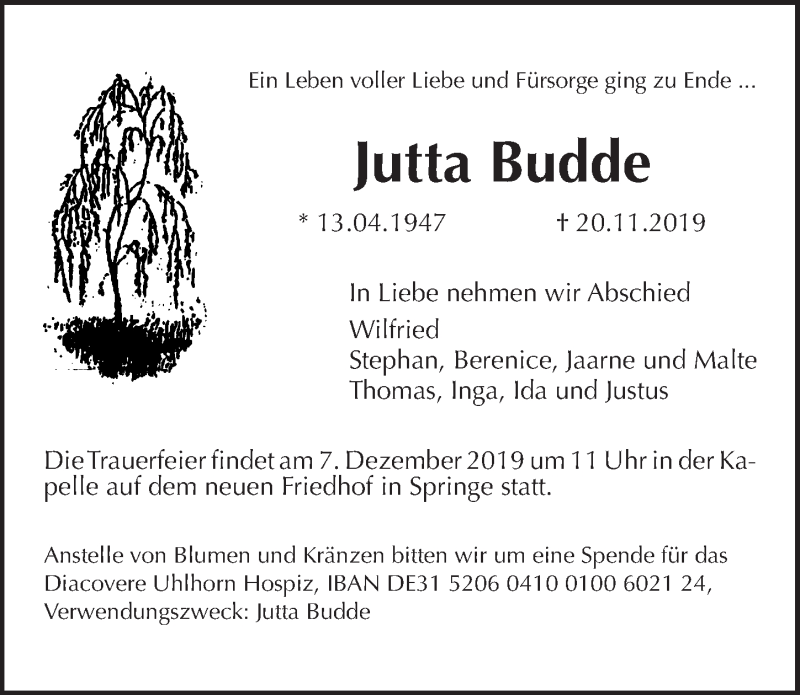  Traueranzeige für Jutta Budde vom 30.11.2019 aus Hannoversche Allgemeine Zeitung/Neue Presse