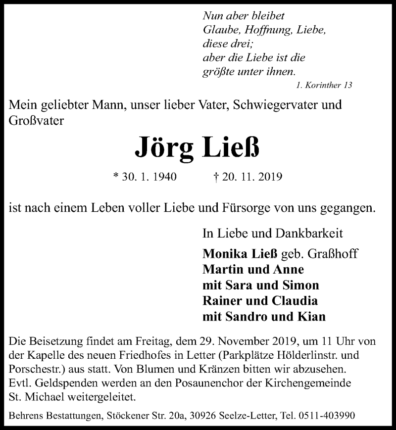  Traueranzeige für Jörg Ließ vom 23.11.2019 aus Hannoversche Allgemeine Zeitung/Neue Presse