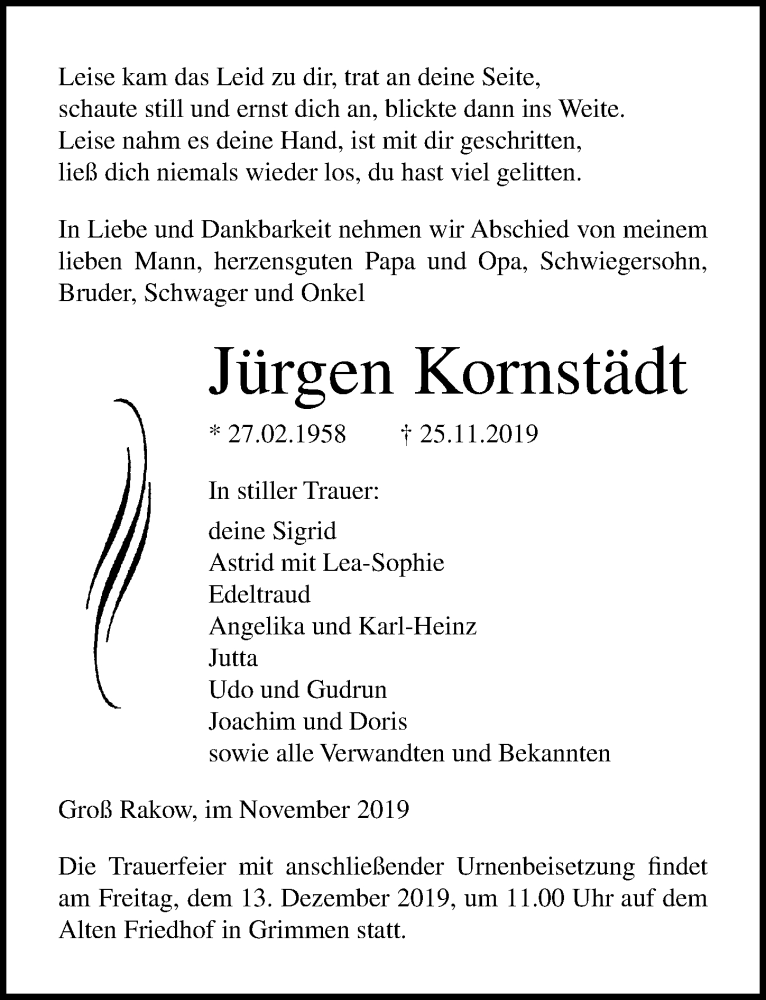  Traueranzeige für Jürgen Kornstädt vom 30.11.2019 aus Ostsee-Zeitung GmbH