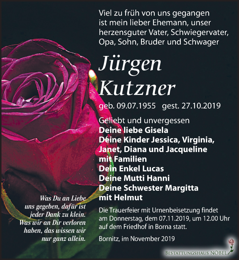  Traueranzeige für Jürgen Kutzner vom 02.11.2019 aus Leipziger Volkszeitung