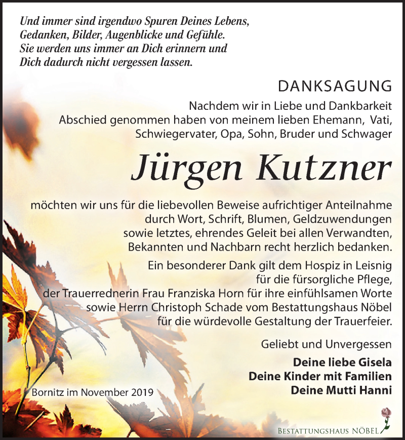  Traueranzeige für Jürgen Kutzner vom 16.11.2019 aus Leipziger Volkszeitung