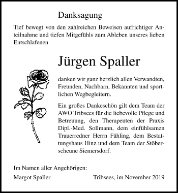 Traueranzeige von Jürgen Spaller von Ostsee-Zeitung GmbH